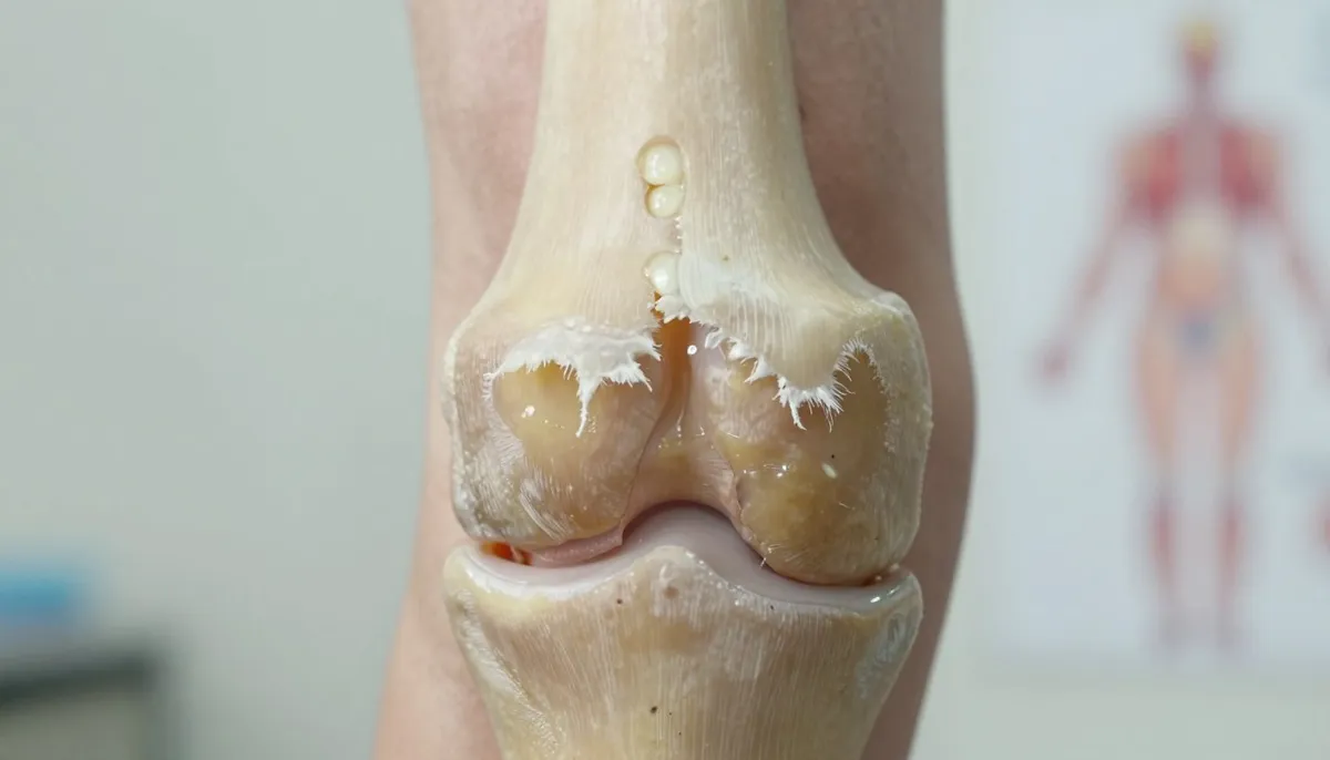 Worn knee cartilage with diminished thickness from synovial fluid loss after 60
