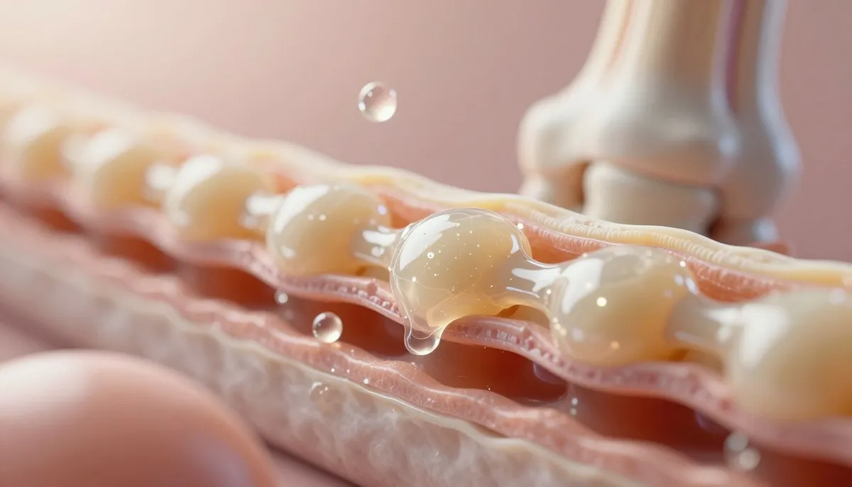 Close-up of viscous synovial fluid and hyaluronan cushioning the joint